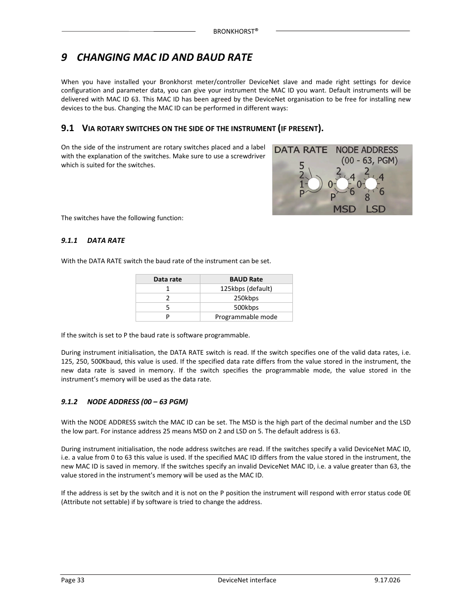 9 changing mac id and baud rate | Bronkhorst DeviceNet slave interface User Manual | Page 33 / 43