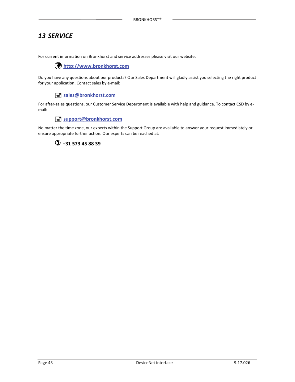 13 service | Bronkhorst DeviceNet slave interface User Manual | Page 43 / 43