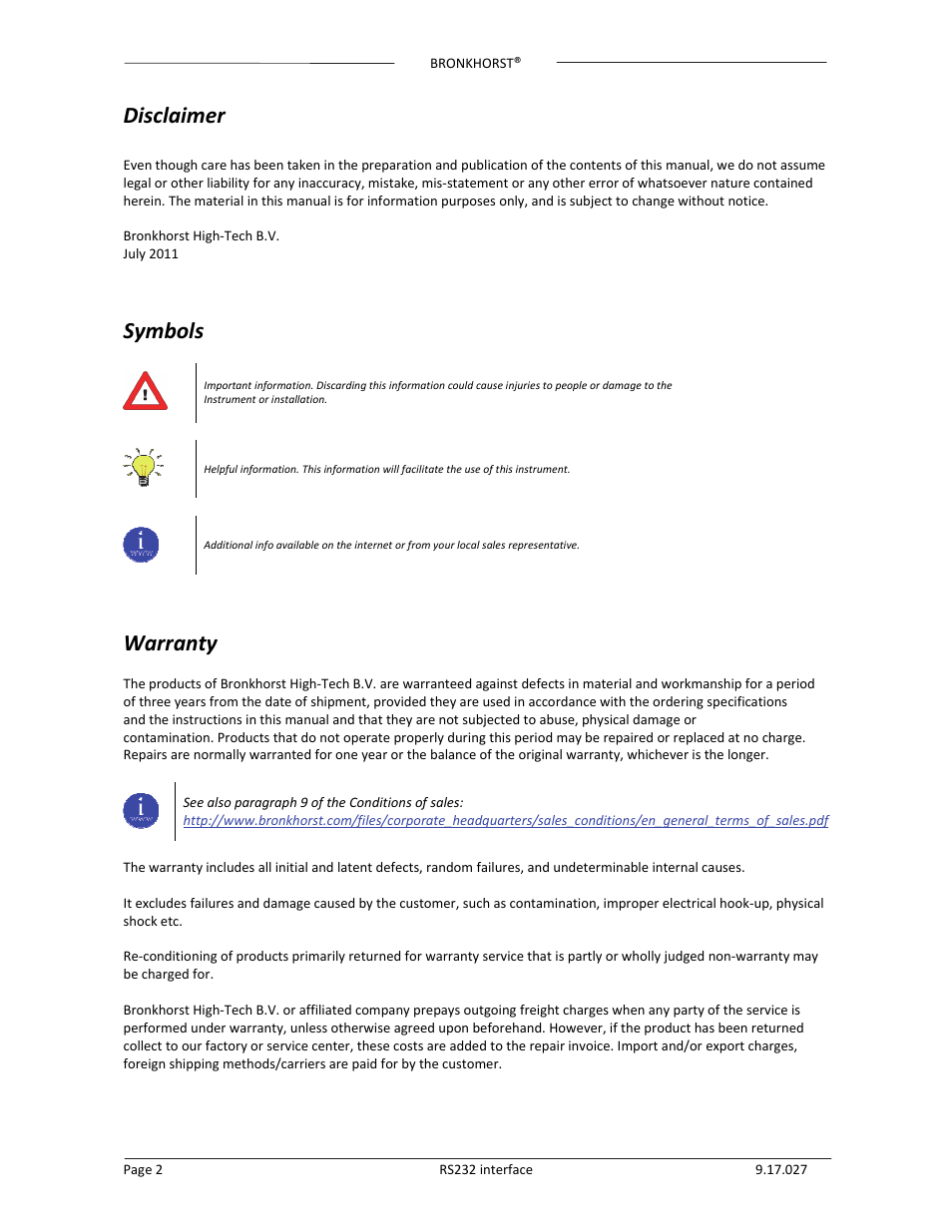 Disclaimer, Symbols, Warranty | Bronkhorst RS232 interface User Manual | Page 2 / 42