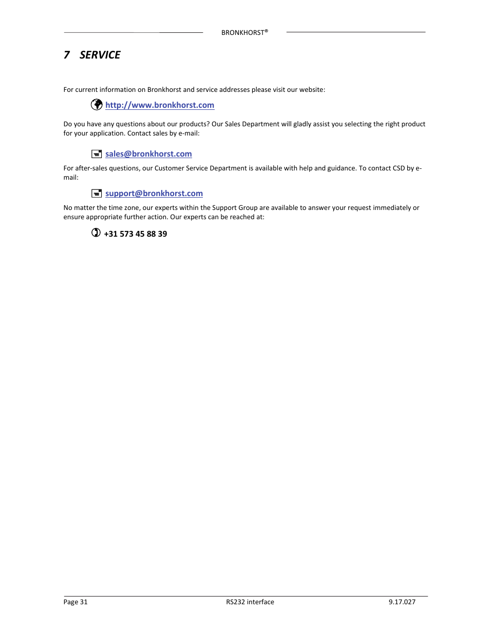 7 service | Bronkhorst RS232 interface User Manual | Page 31 / 42