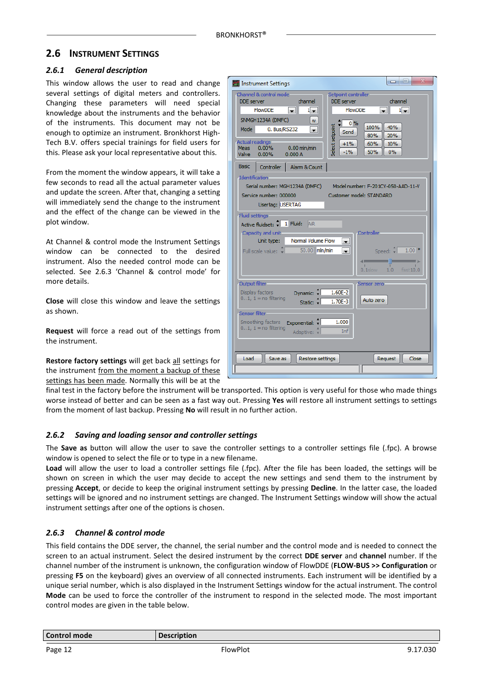 6 instrument settings, 1 general description, 3 channel & control mode | Nstrument, Ettings, General description, Saving and loading sensor and controller settings, Channel & control mode, E 2.6 ‘instrument settings | Bronkhorst FlowPlot User Manual | Page 12 / 20