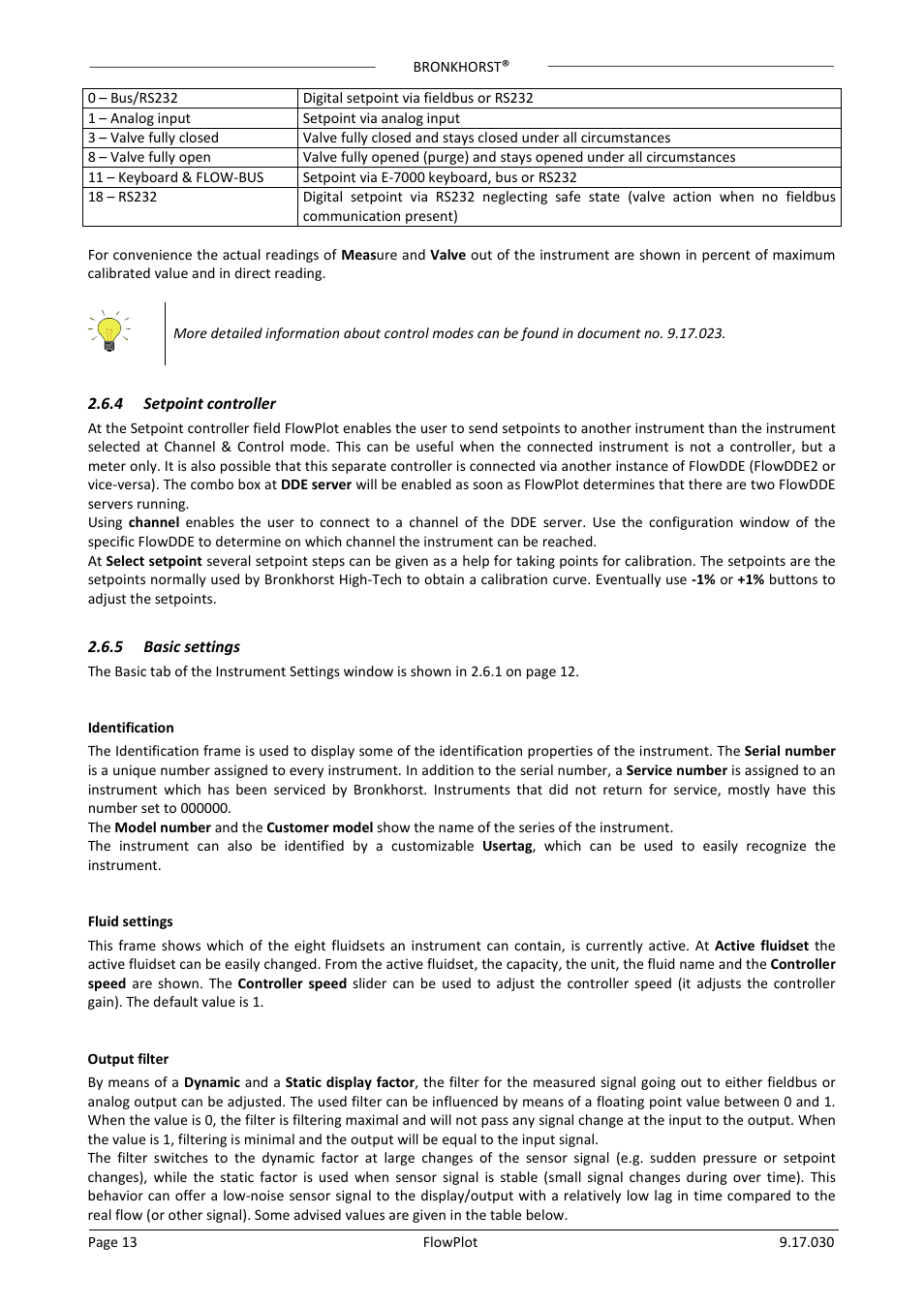 4 setpoint controller, 5 basic settings, Identification | Fluid settings, Output filter, Setpoint controller, Basic settings | Bronkhorst FlowPlot User Manual | Page 13 / 20