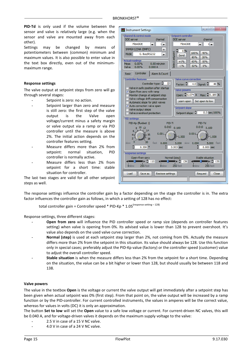 Response settings, Valve powers | Bronkhorst FlowPlot User Manual | Page 15 / 20