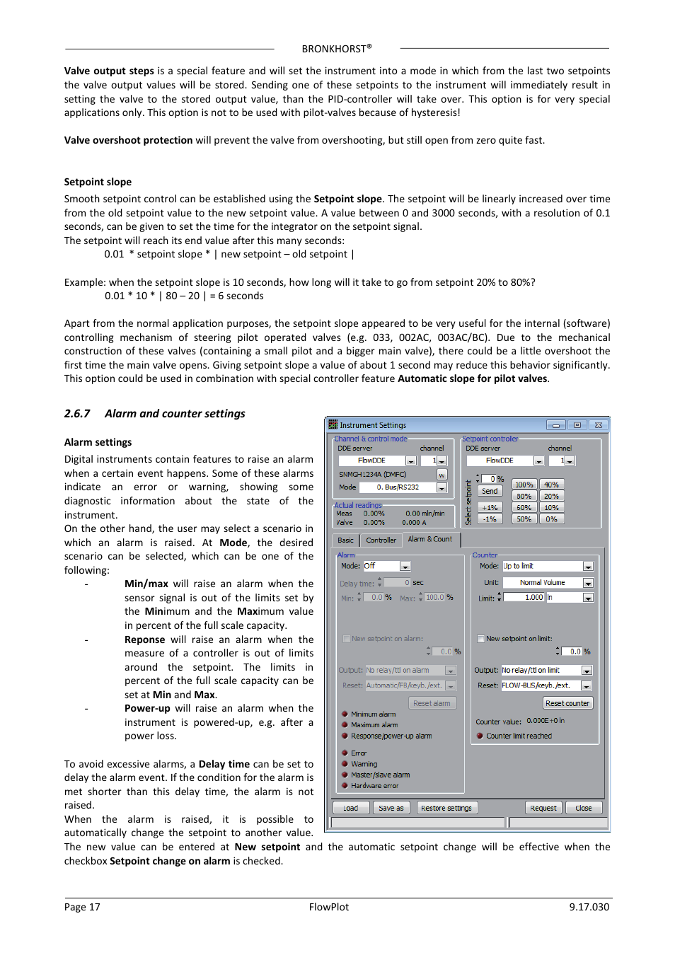 Setpoint slope, 7 alarm and counter settings, Alarm settings | Alarm and counter settings | Bronkhorst FlowPlot User Manual | Page 17 / 20