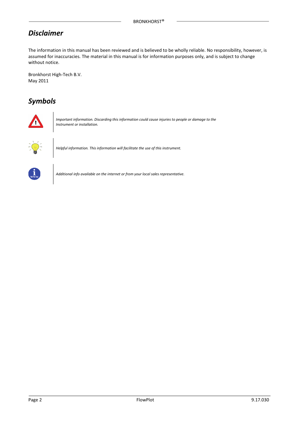 Disclaimer, Symbols | Bronkhorst FlowPlot User Manual | Page 2 / 20