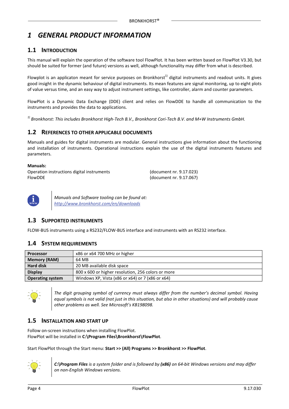 1 general product information, 1 introduction, 2 references to other applicable documents | 3 supported instruments, 4 system requirements, 5 installation and start up, Ntroduction, Eferences to other applicable documents, Upported instruments, Ystem requirements | Bronkhorst FlowPlot User Manual | Page 4 / 20