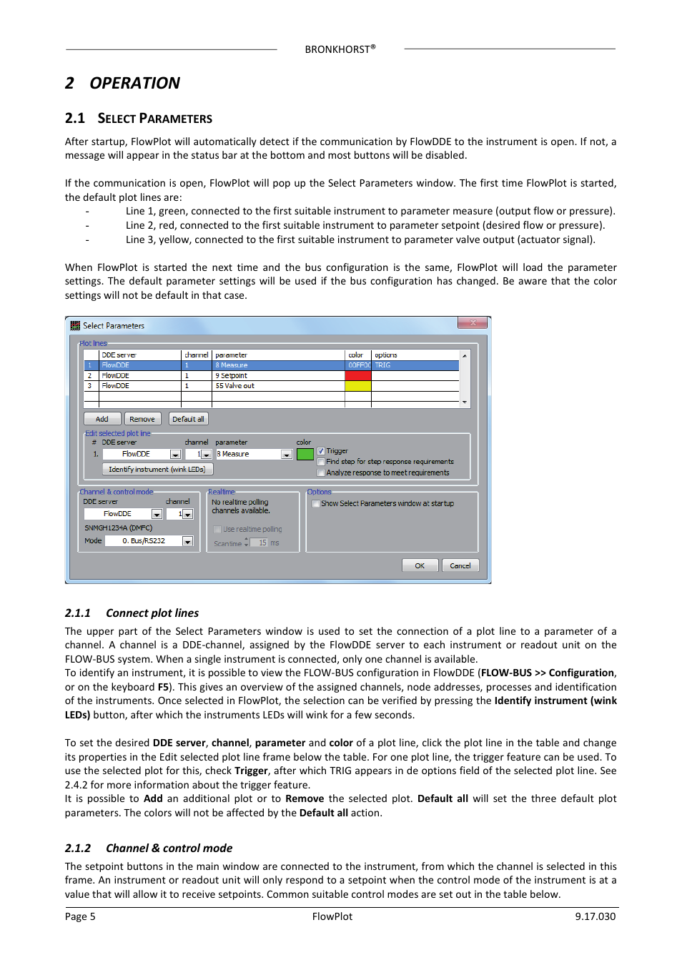 2 operation, 1 select parameters, 1 connect plot lines | 2 channel & control mode, Elect, Arameters, Connect plot lines, Channel & control mode, 2operation | Bronkhorst FlowPlot User Manual | Page 5 / 20