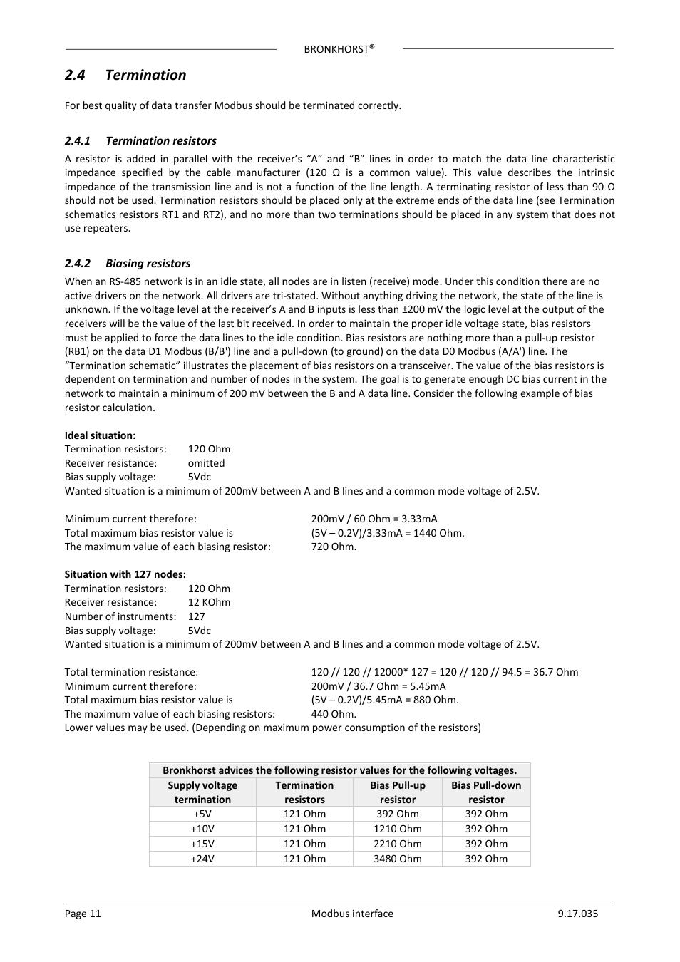 4 termination, 1 termination resistors, 2 biasing resistors | Ermination, Termination resistors, Biasing resistors | Bronkhorst Modbus slave interface User Manual | Page 11 / 23