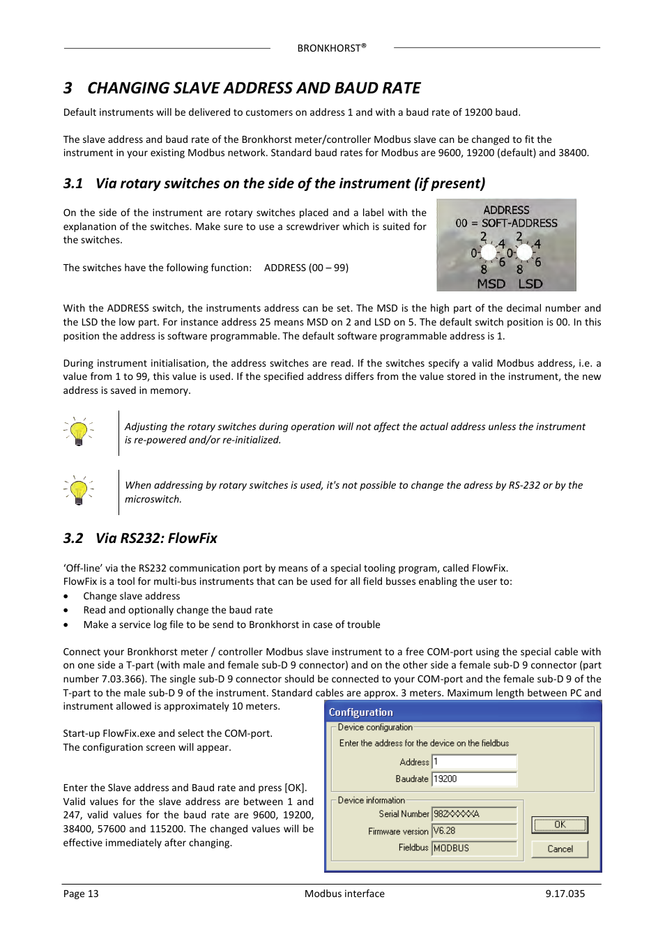 3 changing slave address and baud rate, 2 via rs232: flowfix, Ia rotary switches on the side of the instrument | If present, Rs232 | Bronkhorst Modbus slave interface User Manual | Page 13 / 23