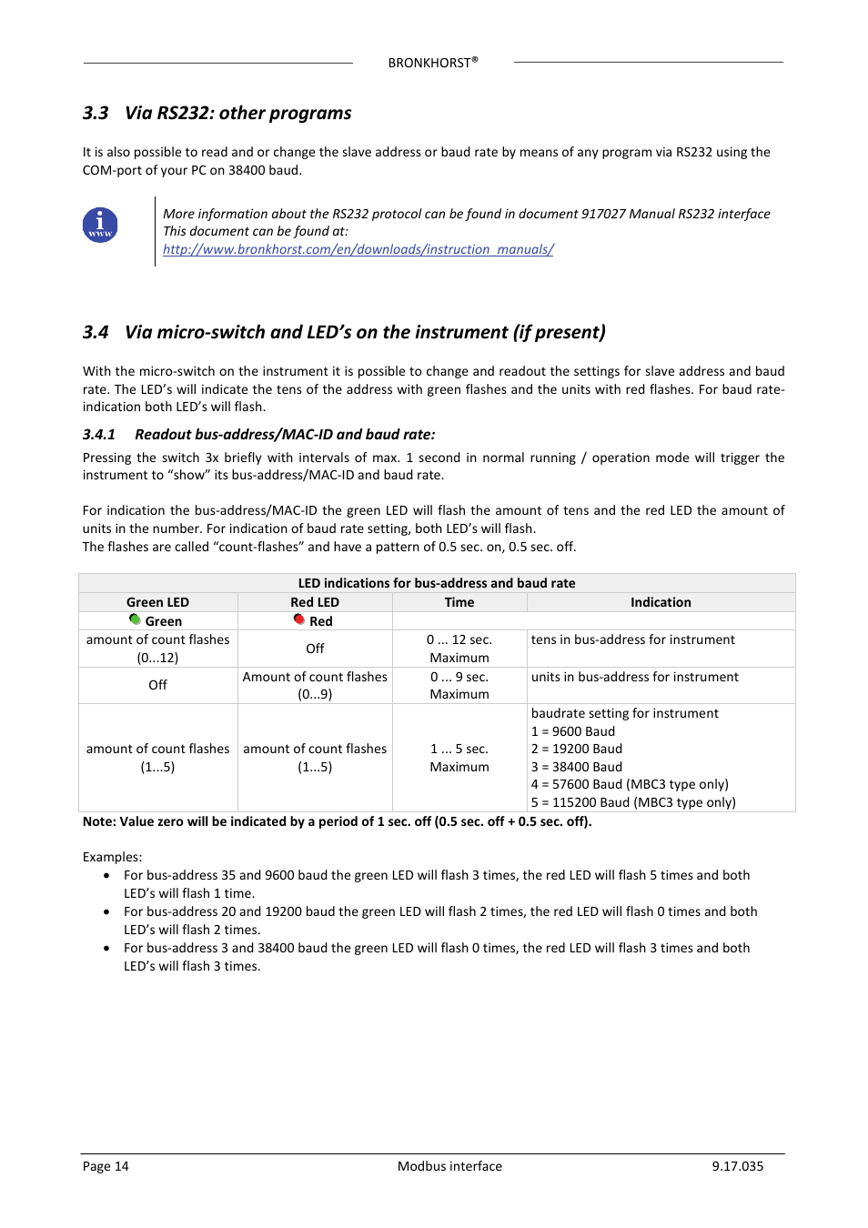 3 via rs232: other programs, 1 readout bus-address/mac-id and baud rate, Rs232 | Other programs, Ia micro, Switch and, S on the instrument, If present, Readout bus-address/mac-id and baud rate | Bronkhorst Modbus slave interface User Manual | Page 14 / 23