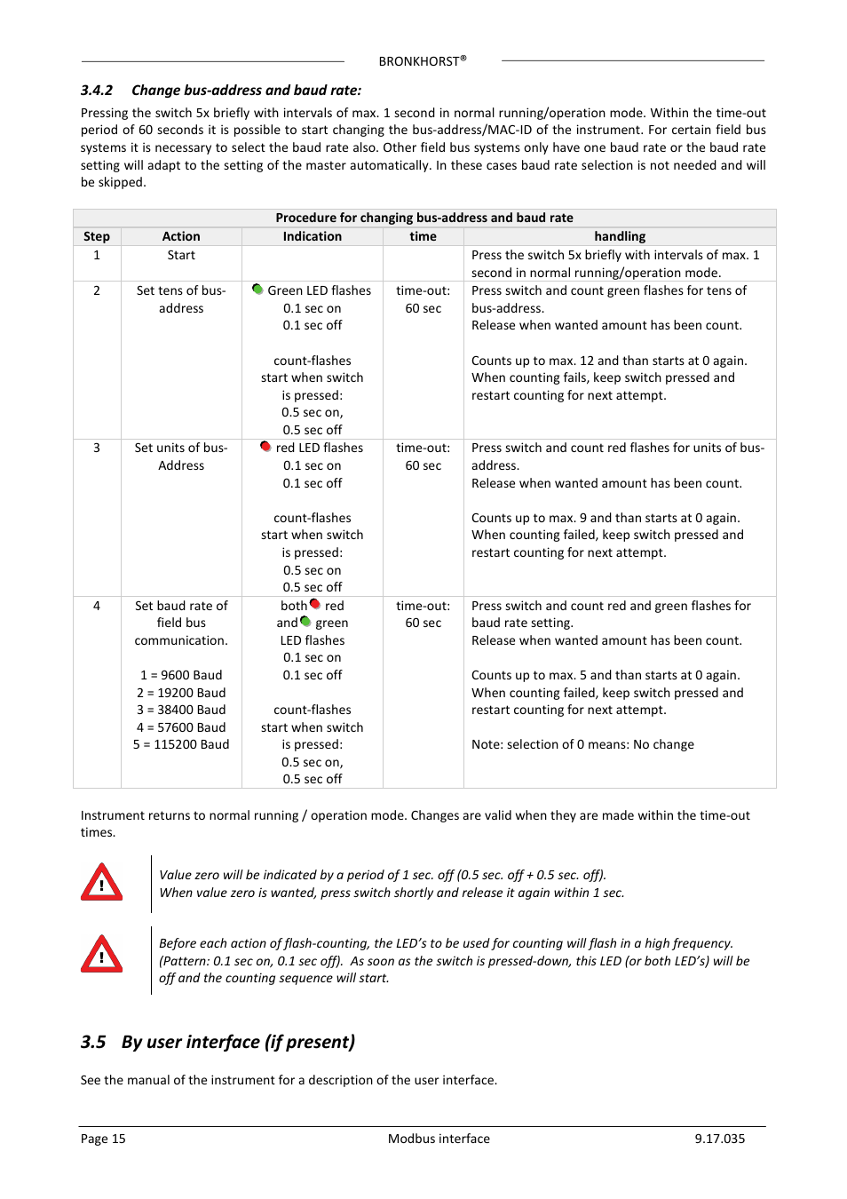 2 change bus-address and baud rate, 5 by user interface (if present), Change bus-address and baud rate | Y user interface, If present | Bronkhorst Modbus slave interface User Manual | Page 15 / 23