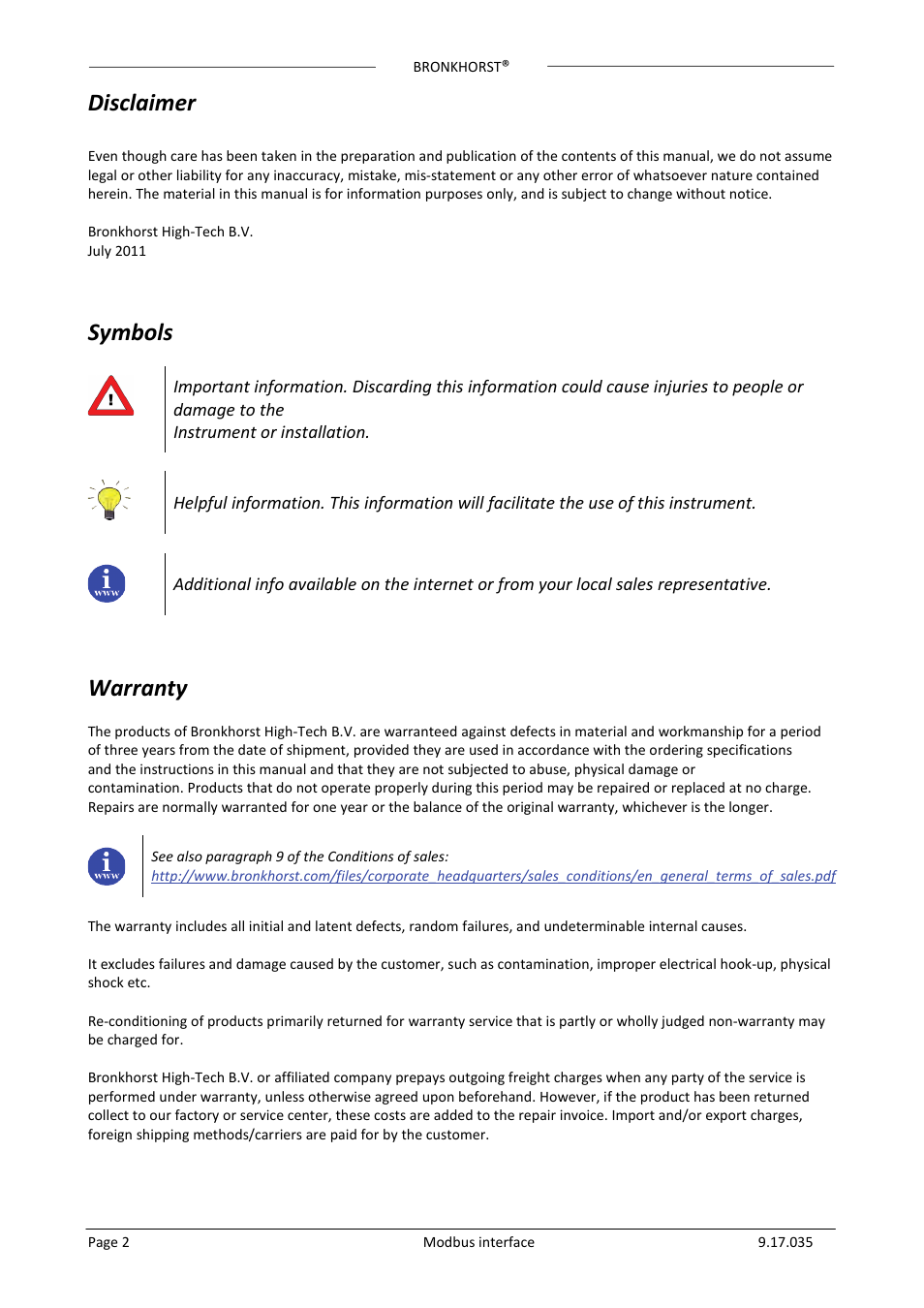 Disclaimer, Symbols, Warranty | Bronkhorst Modbus slave interface User Manual | Page 2 / 23