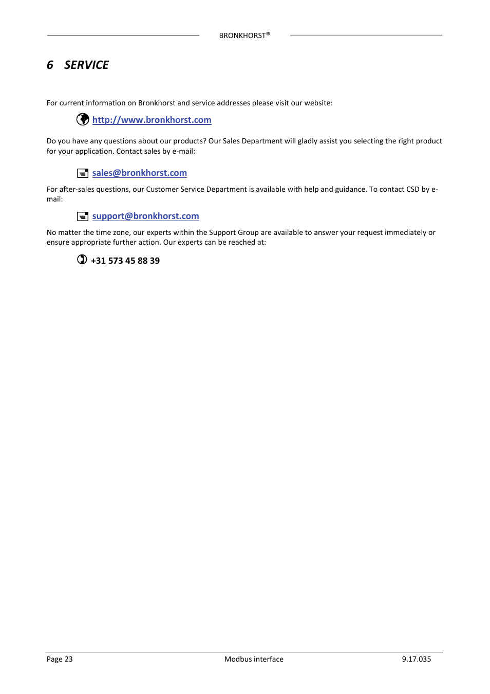 6 service | Bronkhorst Modbus slave interface User Manual | Page 23 / 23