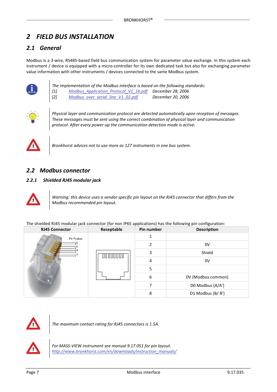 2 field bus installation, 1 general, 2 modbus connector | 1 shielded rj45 modular jack, Eneral, Odbus connector, Shielded rj45 modular jack | Bronkhorst Modbus slave interface User Manual | Page 7 / 23