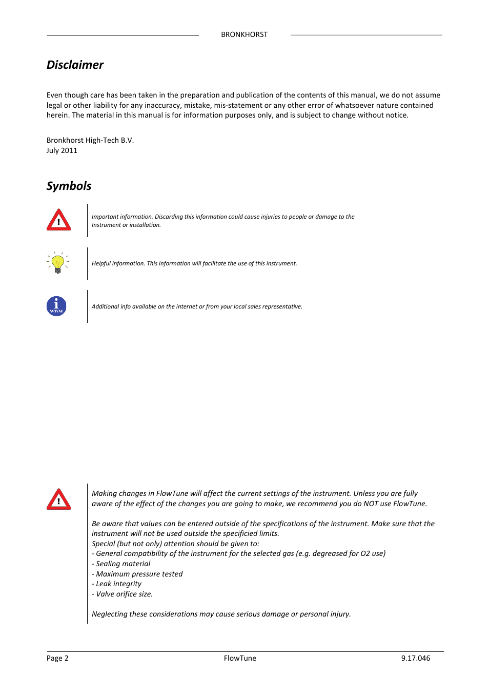 Disclaimer, Symbols | Bronkhorst FlowTune User Manual | Page 2 / 11