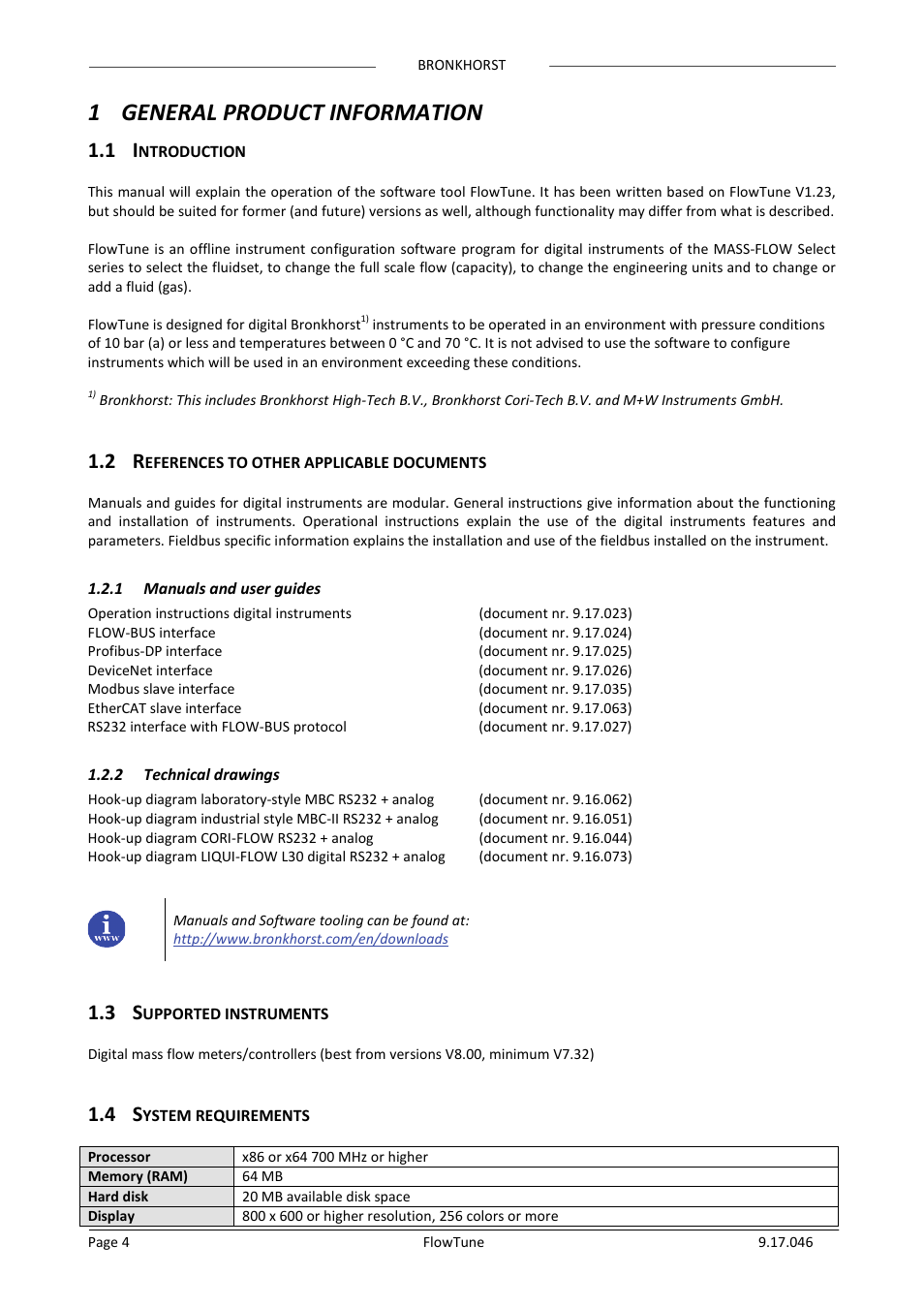 1 general product information, 1 introduction, 2 references to other applicable documents | 1 manuals and user guides, 2 technical drawings, 3 supported instruments, 4 system requirements, Ntroduction, Eferences to other applicable documents, Manuals and user guides | Bronkhorst FlowTune User Manual | Page 4 / 11