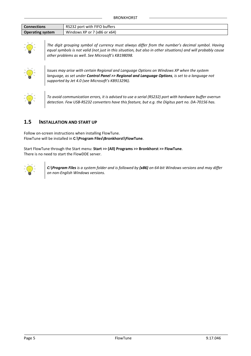 5 installation and start up, Nstallation and start up | Bronkhorst FlowTune User Manual | Page 5 / 11