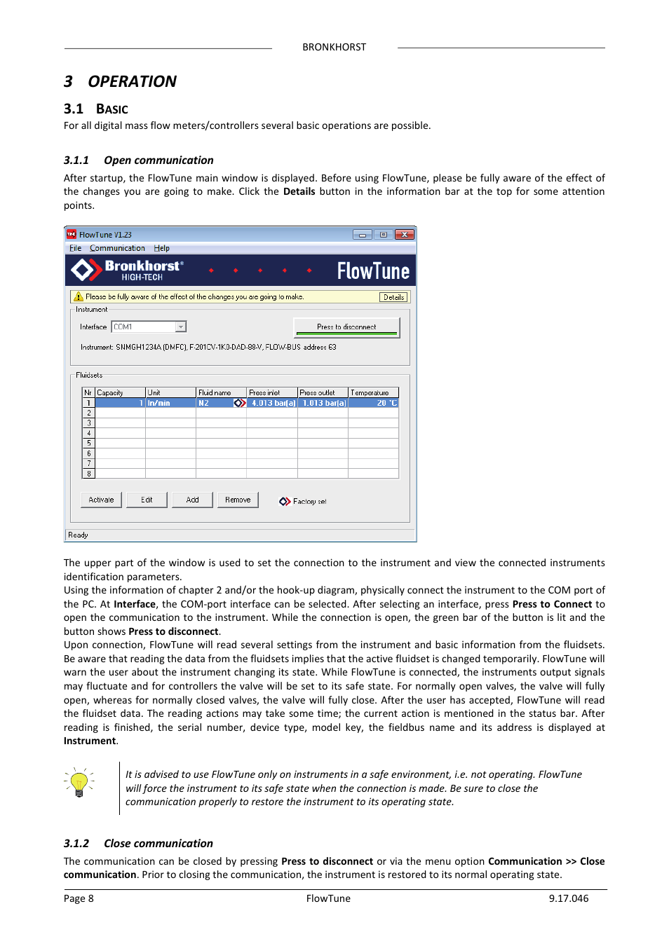 3 operation, 1 basic, 1 open communication | 2 close communication, Asic, Open communication, Close communication, 3operation | Bronkhorst FlowTune User Manual | Page 8 / 11