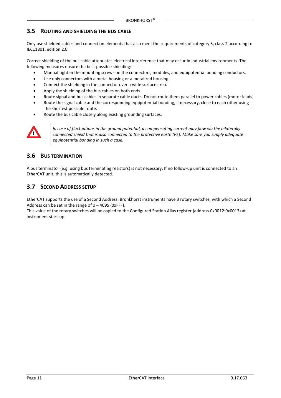 5 routing and shielding the bus cable, 6 bus termination, 7 second address setup | Outing and shielding the bus cable, Us termination, Econd, Ddress setup | Bronkhorst EtherCAT User Manual | Page 11 / 24