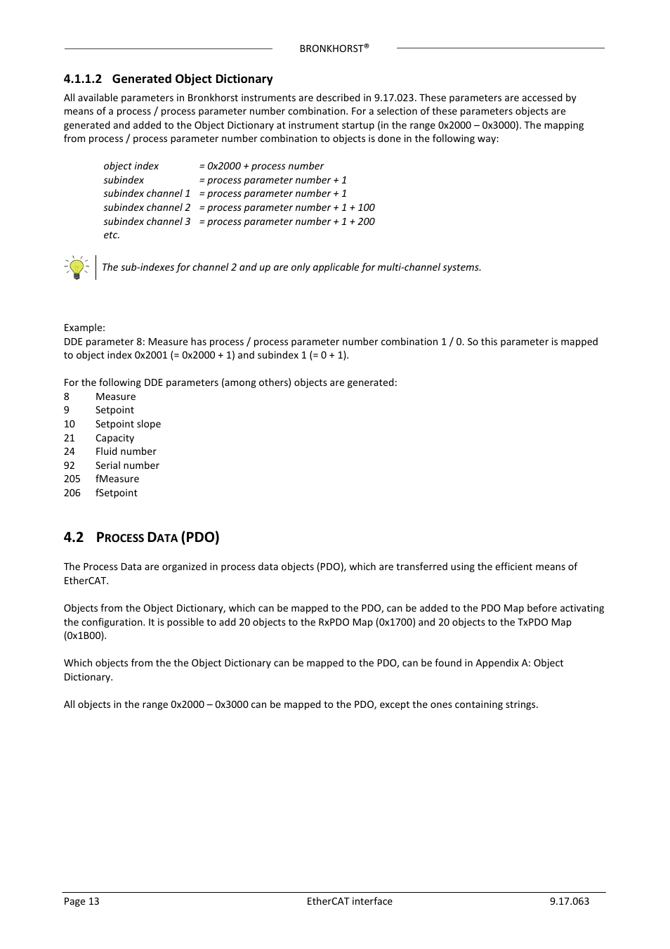 2 generated object dictionary, 2 process data (pdo), Generated object dictionary | Rocess, Pdo) | Bronkhorst EtherCAT User Manual | Page 13 / 24