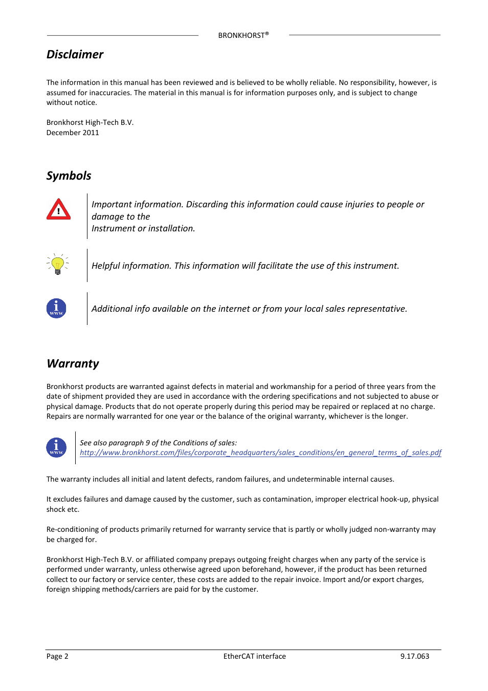 Disclaimer, Symbols, Warranty | Bronkhorst EtherCAT User Manual | Page 2 / 24