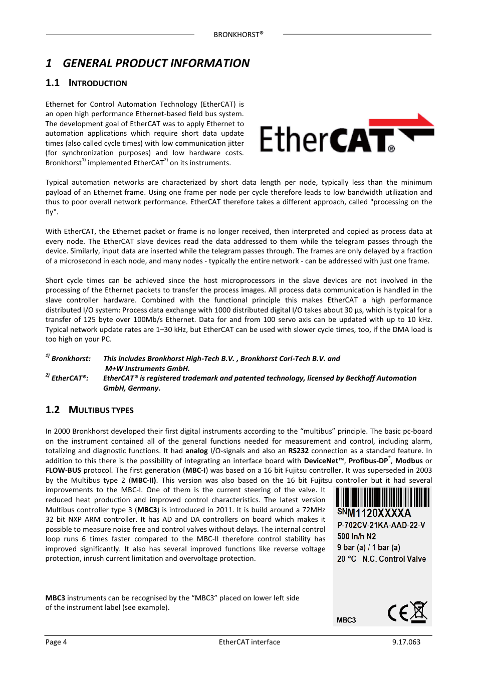 1 general product information, 1 introduction, 2 multibus types | Ntroduction, Ultibus types, 1general product information | Bronkhorst EtherCAT User Manual | Page 4 / 24