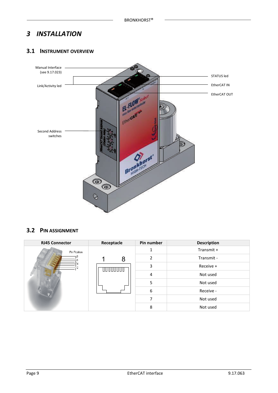 3 installation, 1 instrument overview, 2 pin assignment | Nstrument overview, In assignment, 3installation | Bronkhorst EtherCAT User Manual | Page 9 / 24