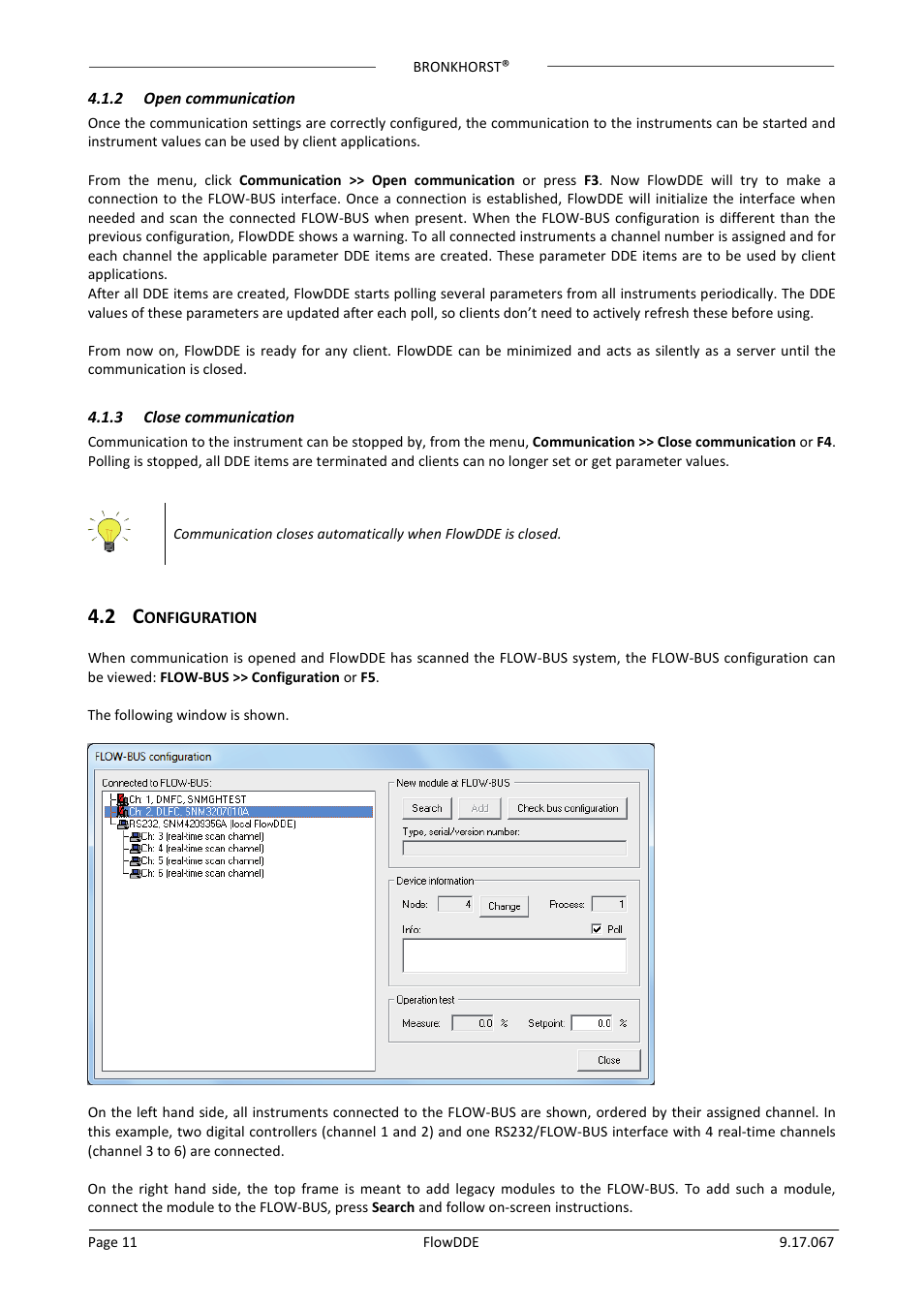 2 open communication, 3 close communication, 2 configuration | Open communication, Close communication, Onfiguration | Bronkhorst FlowDDE User Manual | Page 11 / 19