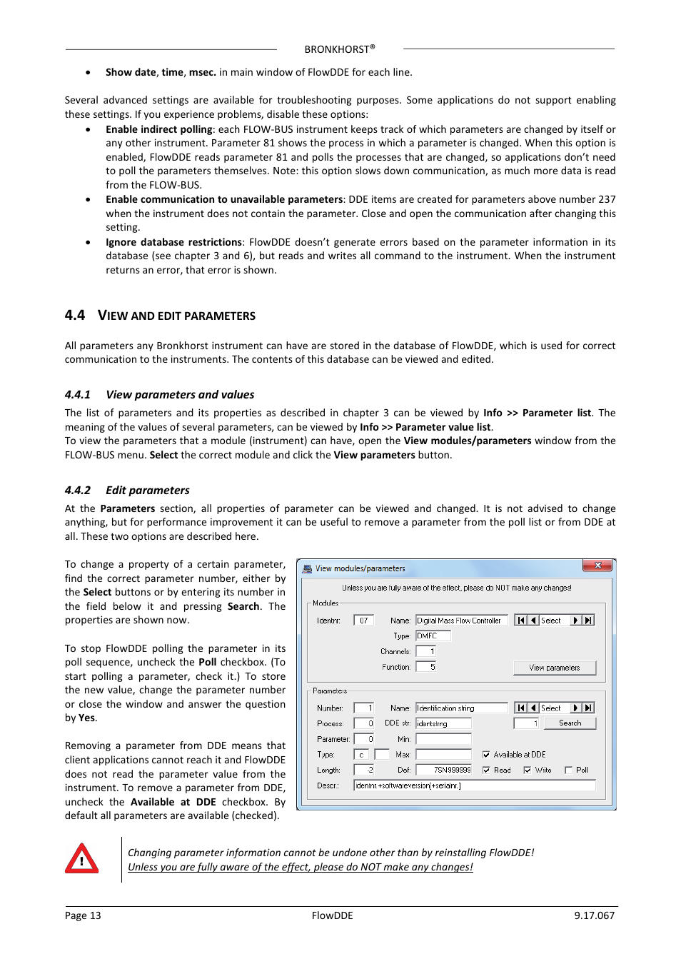 4 view and edit parameters, 1 view parameters and values, 2 edit parameters | Iew and edit parameters, View parameters and values, Edit parameters | Bronkhorst FlowDDE User Manual | Page 13 / 19