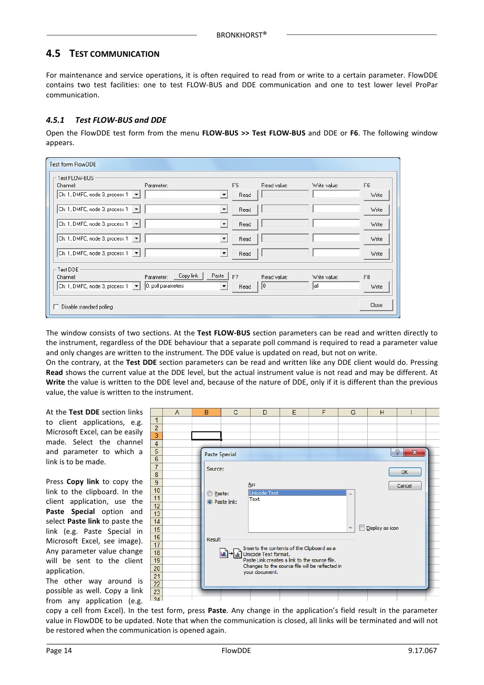 5 test communication, 1 test flow-bus and dde, Est communication | Test flow-bus and dde | Bronkhorst FlowDDE User Manual | Page 14 / 19