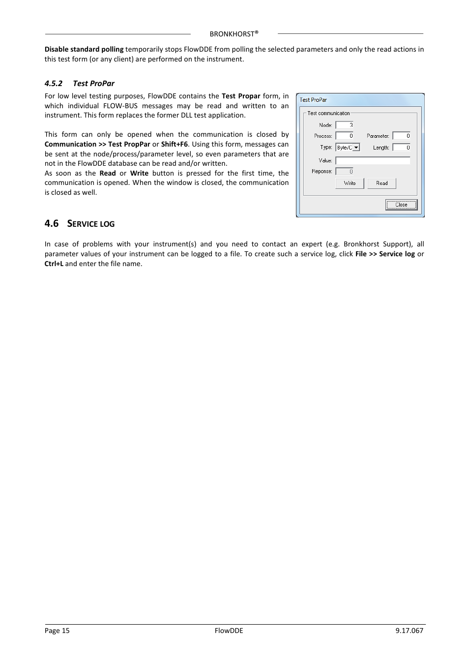 2 test propar, 6 service log, Test propar | Ervice log | Bronkhorst FlowDDE User Manual | Page 15 / 19