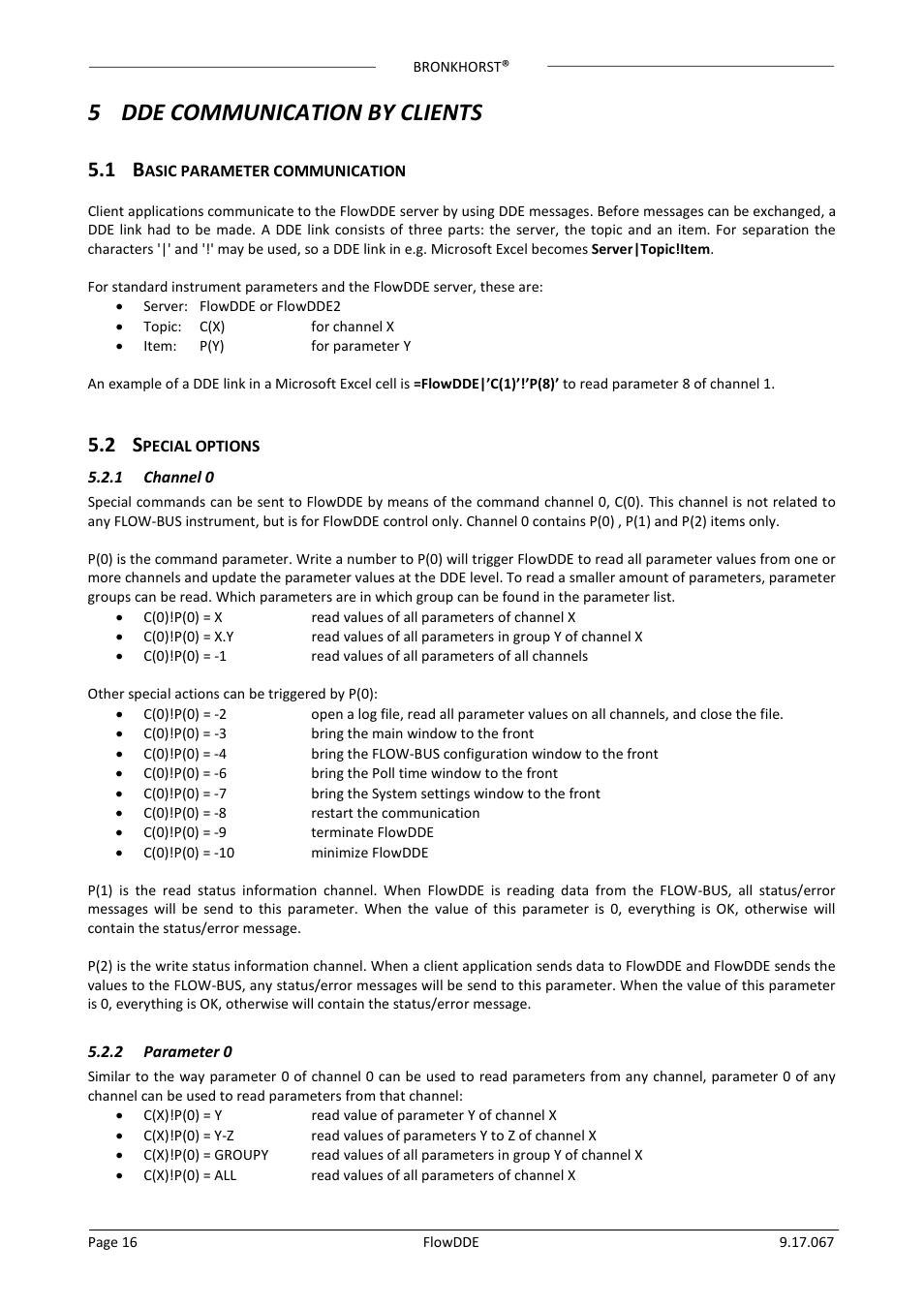 5 dde communication by clients, 1 basic parameter communication, 2 special options | 1 channel 0, 2 parameter 0, Asic parameter communication, Pecial options, Channel 0, Parameter 0 | Bronkhorst FlowDDE User Manual | Page 16 / 19