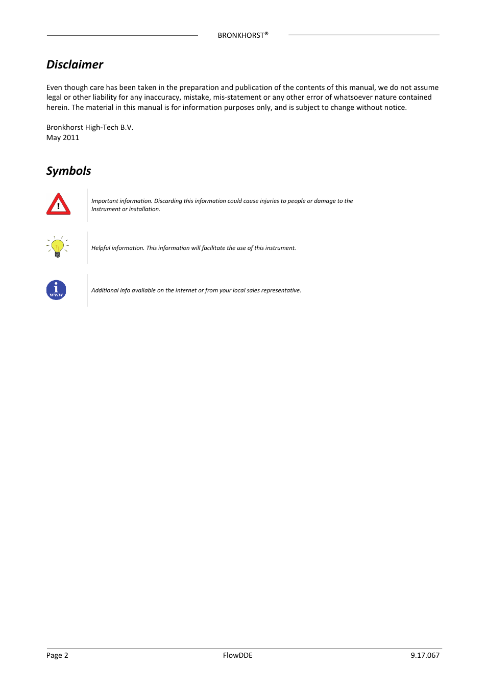 Disclaimer, Symbols | Bronkhorst FlowDDE User Manual | Page 2 / 19