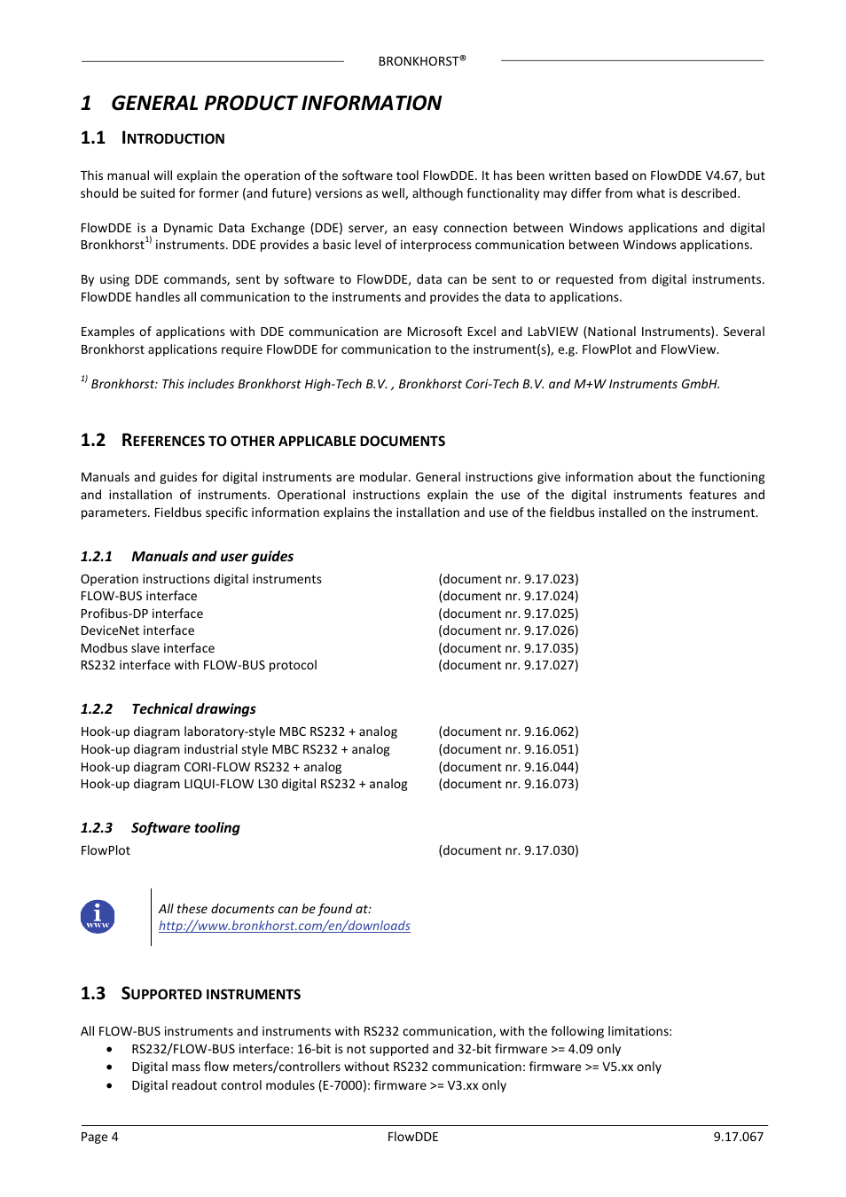 1 general product information, 1 introduction, 2 references to other applicable documents | 1 manuals and user guides, 2 technical drawings, 3 software tooling, 3 supported instruments, Ntroduction, Eferences to other applicable documents, Manuals and user guides | Bronkhorst FlowDDE User Manual | Page 4 / 19