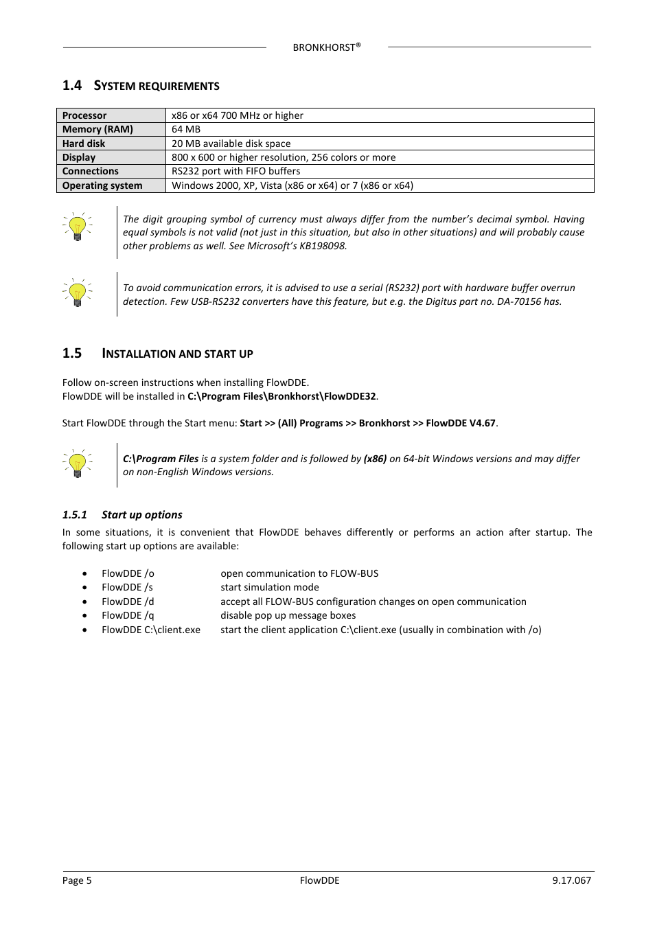 4 system requirements, 5 installation and start up, 1 start up options | Ystem requirements, Nstallation and start up, Start up options | Bronkhorst FlowDDE User Manual | Page 5 / 19