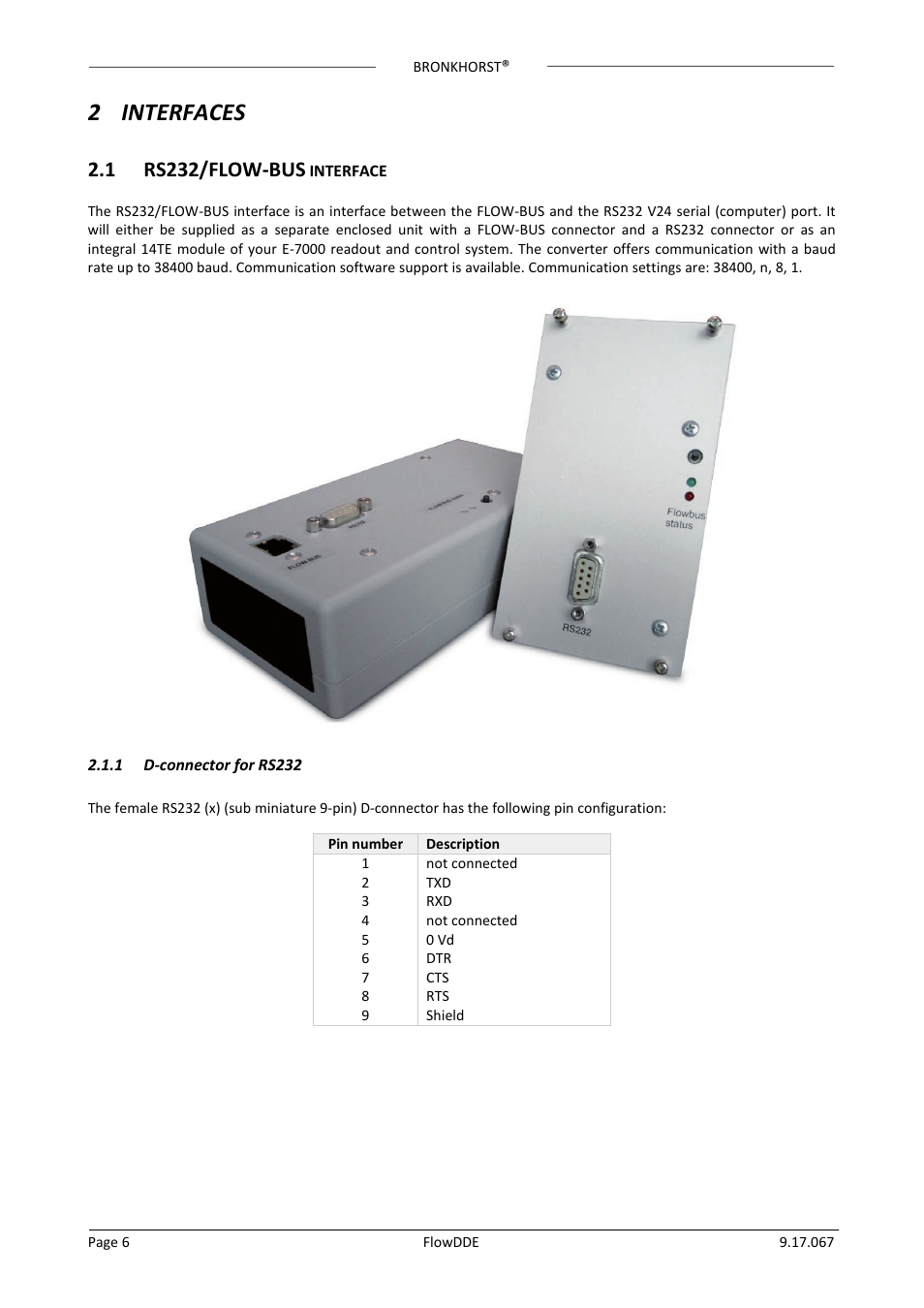 2 interfaces, 1 rs232/flow-bus interface, 1 d-connector for rs232 | Rs232/flow-bus, Interface, D-connector for rs232, 1 rs232/flow-bus | Bronkhorst FlowDDE User Manual | Page 6 / 19