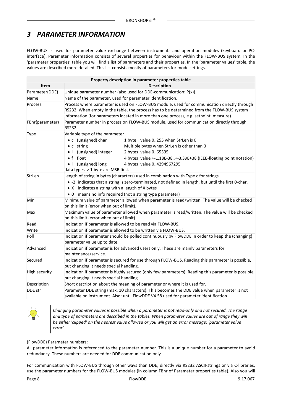 3 parameter information | Bronkhorst FlowDDE User Manual | Page 8 / 19