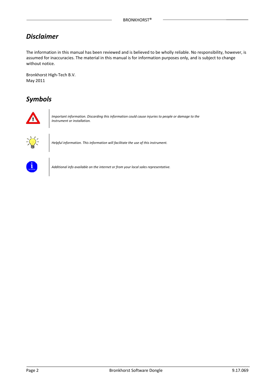 Disclaimer, Symbols | Bronkhorst Bronkhorst User Manual | Page 2 / 12