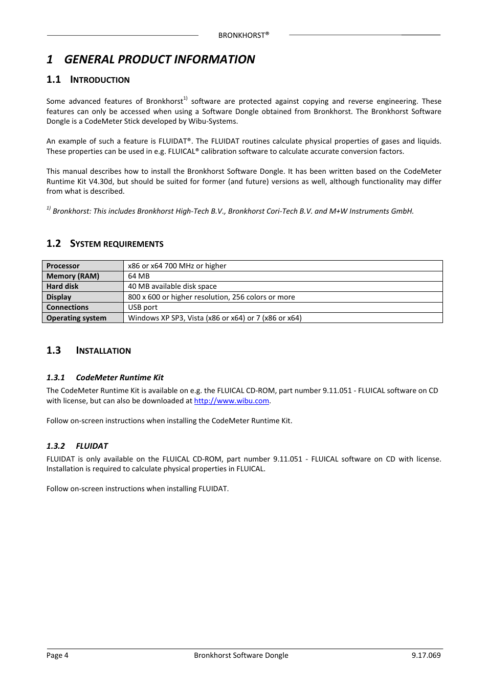 1 general product information, 1 introduction, 2 system requirements | 3 installation, 1 codemeter runtime kit, 2 fluidat, General product information, Ntroduction, Ystem requirements, Nstallation | Bronkhorst Bronkhorst User Manual | Page 4 / 12