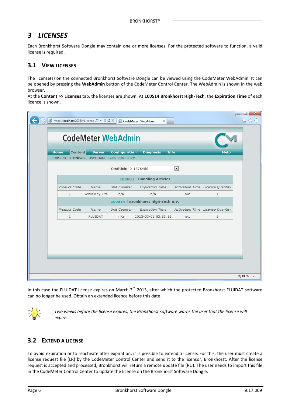 3 licenses, 1 view licenses, 2 extend a license | Licenses, Iew licenses, Xtend a license | Bronkhorst Bronkhorst User Manual | Page 6 / 12