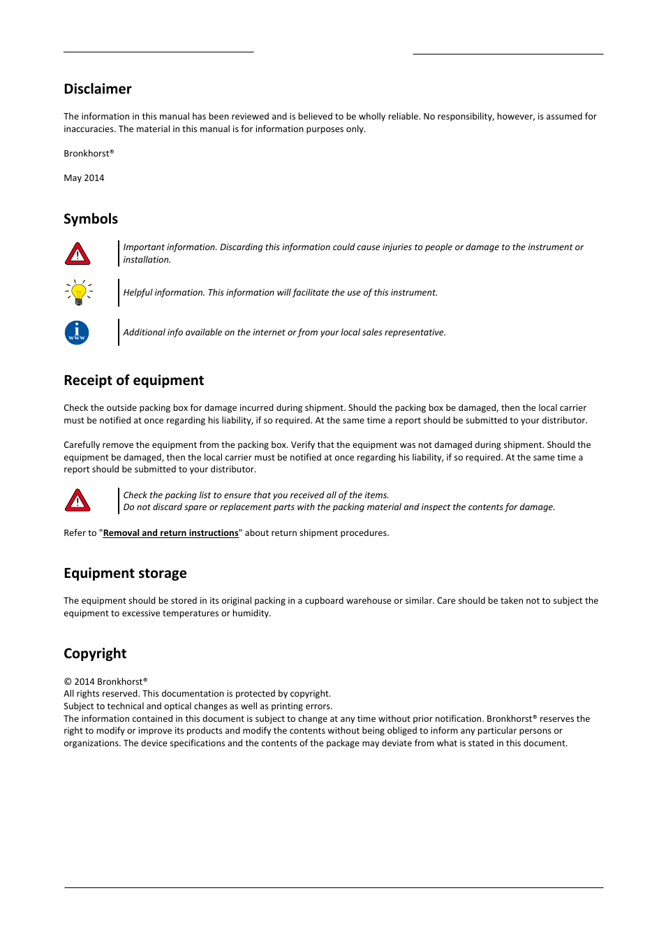 Disclaimer, Symbols, Receipt of equipment | Equipment storage, Copyright | Bronkhorst FLOW-BUS LabVIEW Driver User Manual | Page 2 / 15