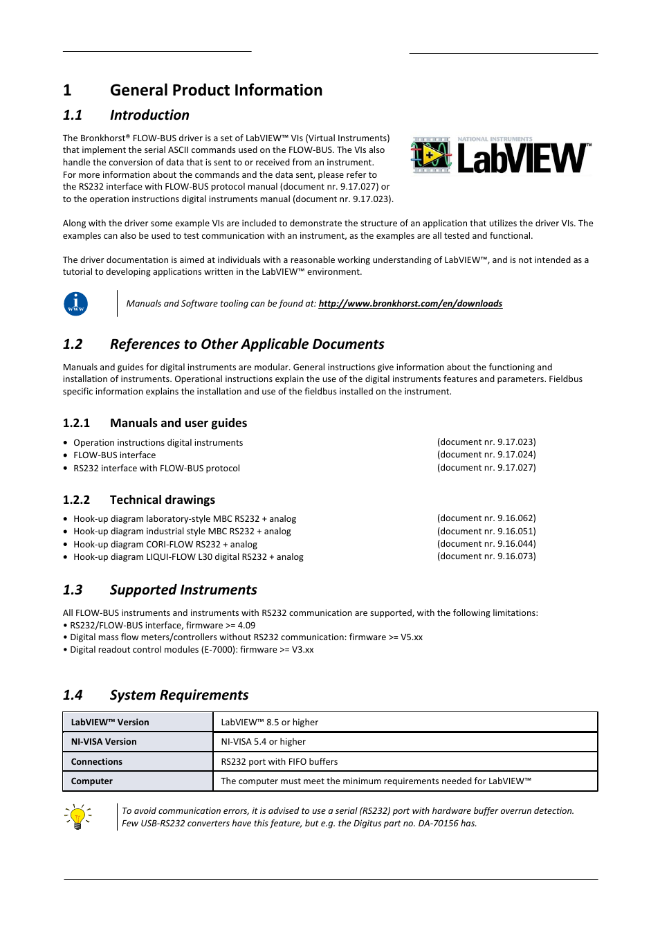 General product information, Introduction, References to other applicable documents | Manuals and user guides, Technical drawings, Supported instruments, System requirements, 1general product information, 1 introduction, 2 references to other applicable documents | Bronkhorst FLOW-BUS LabVIEW Driver User Manual | Page 5 / 15