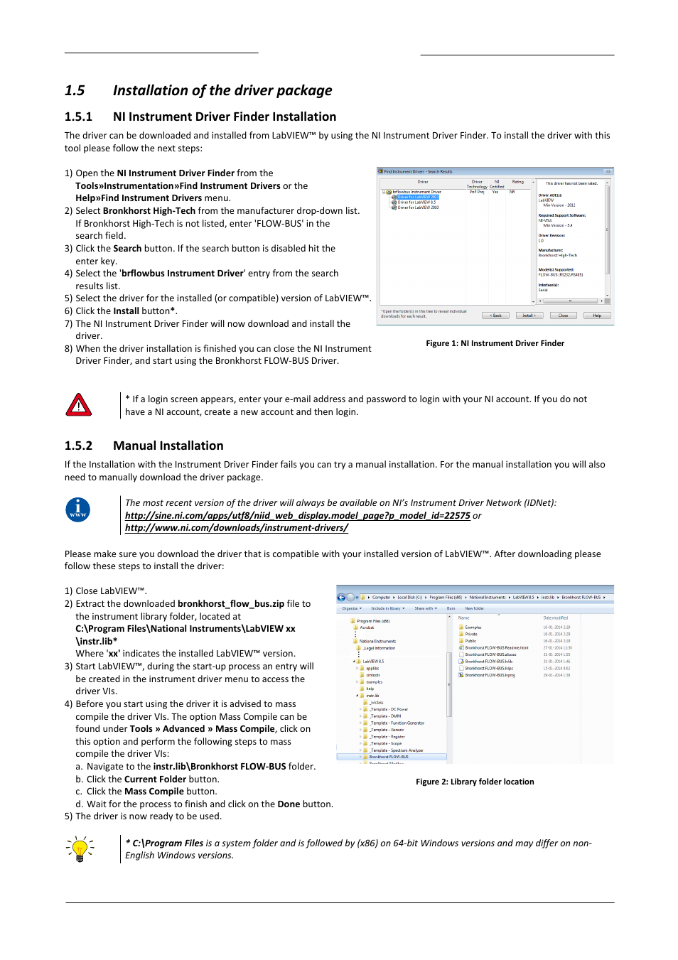 Installation of the driver package, Ni instrument driver finder installation, Manual installation | 5 installation of the driver package, 1 ni instrument driver finder installation, 2 manual installation | Bronkhorst FLOW-BUS LabVIEW Driver User Manual | Page 6 / 15