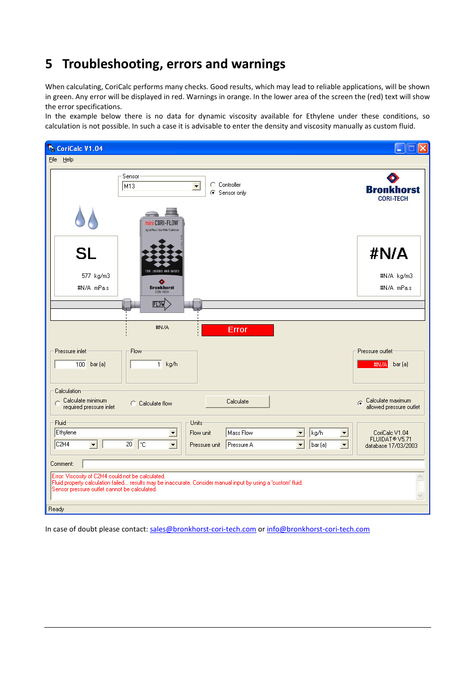 5troubleshooting, errors and warnings | Bronkhorst CoriCalc User Manual | Page 12 / 14