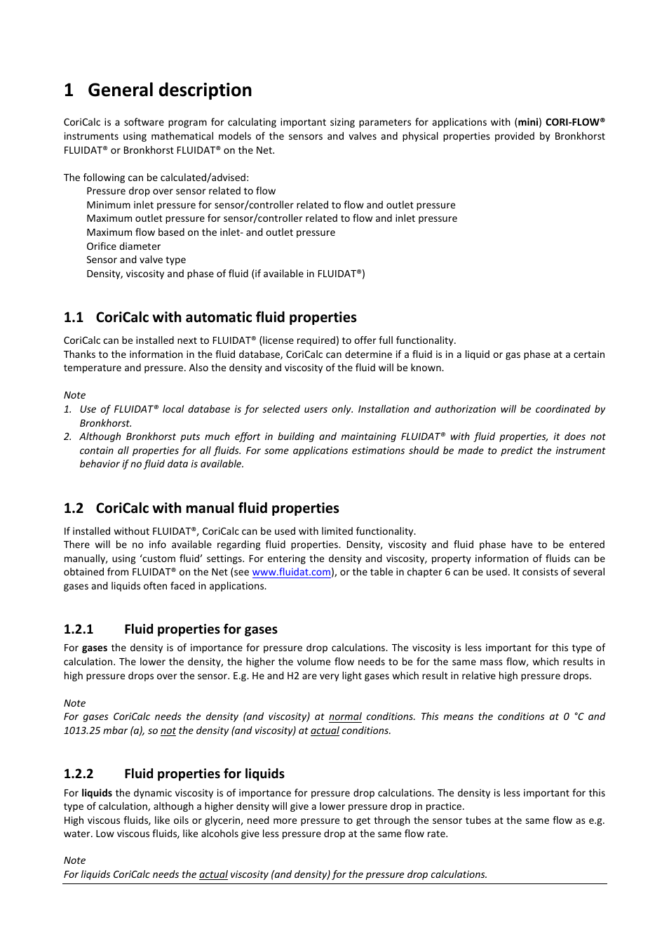 1general description, 1 coricalc with automatic fluid properties, 2 coricalc with manual fluid properties | Bronkhorst CoriCalc User Manual | Page 4 / 14