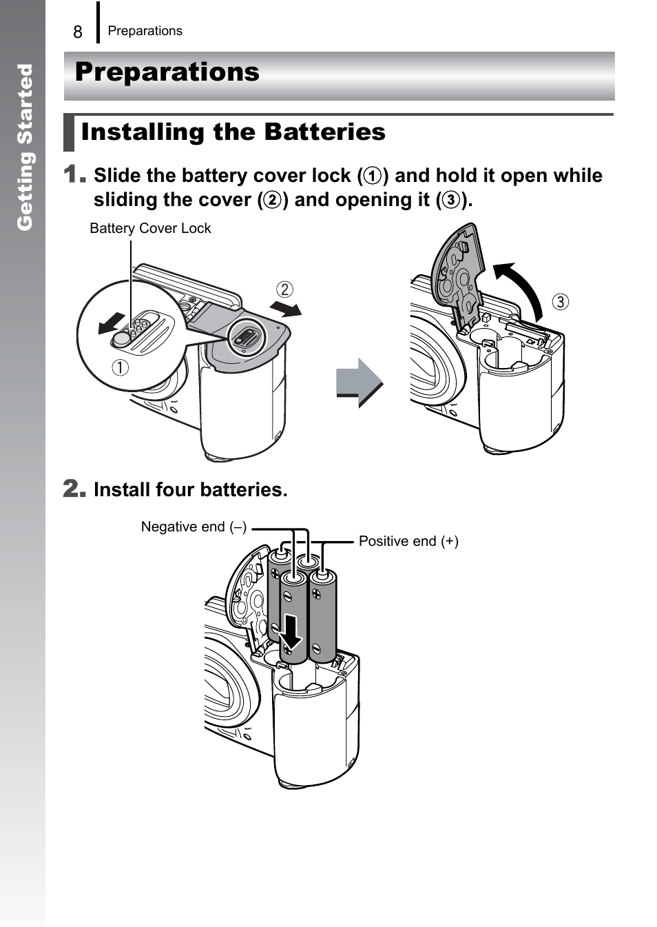 Preparations, Installing the batteries | Canon A650 IS User Manual | Page 10 / 213