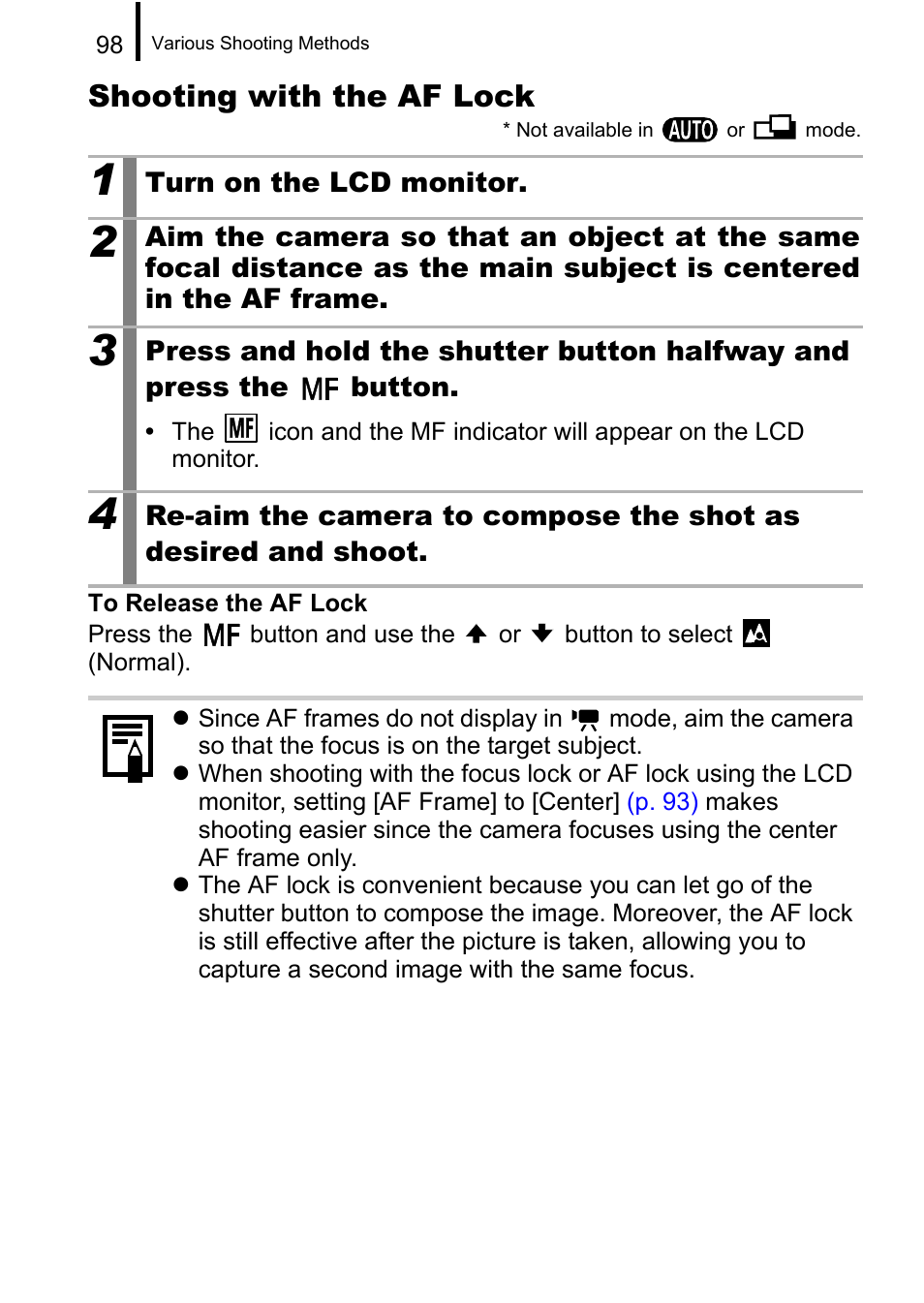 Pp. 98, Shooting with the af lock | Canon A650 IS User Manual | Page 100 / 213