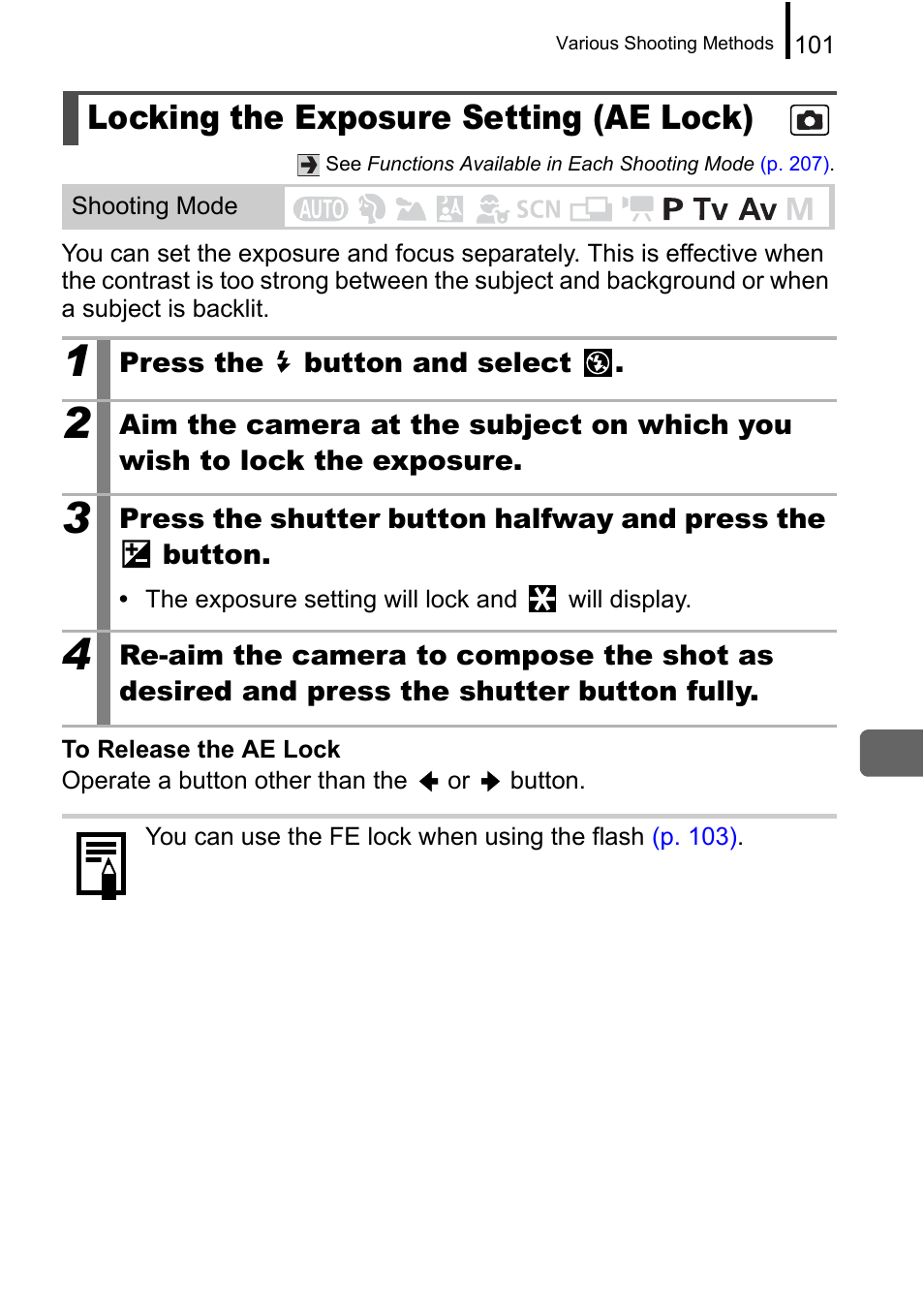 Locking the exposure setting (ae lock), Pp. 101 | Canon A650 IS User Manual | Page 103 / 213