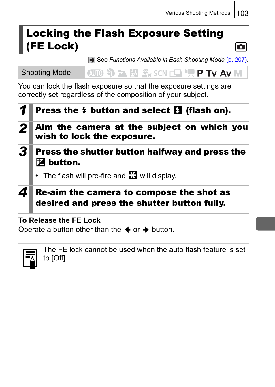 Locking the flash exposure setting (fe lock) | Canon A650 IS User Manual | Page 105 / 213