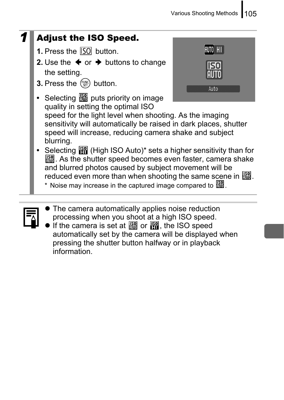Pp. 105, Adjust the iso speed | Canon A650 IS User Manual | Page 107 / 213